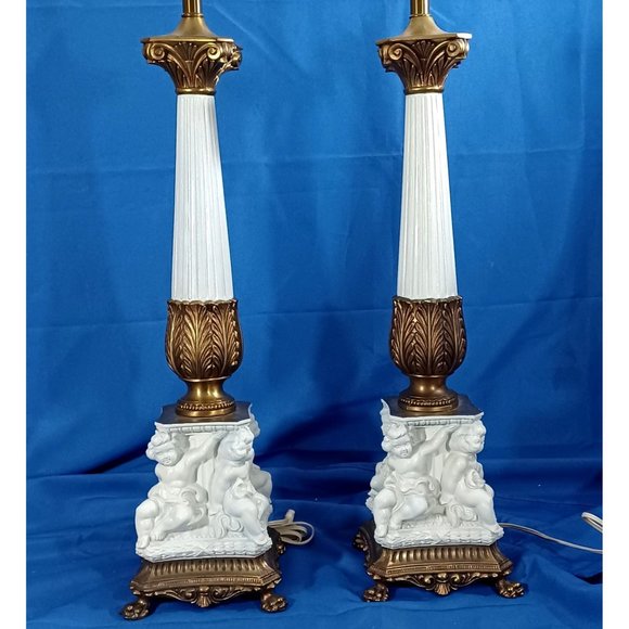 Must Buy Both Neoclassical Bronze Cherub Hollywood Regency Buffet Table Lamp - Picture 3 of 16